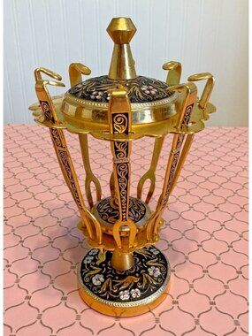 VTG MCM Toledo Spain Brass & Enamel Cocktail Appetizer Set - 8 Forks With Stand